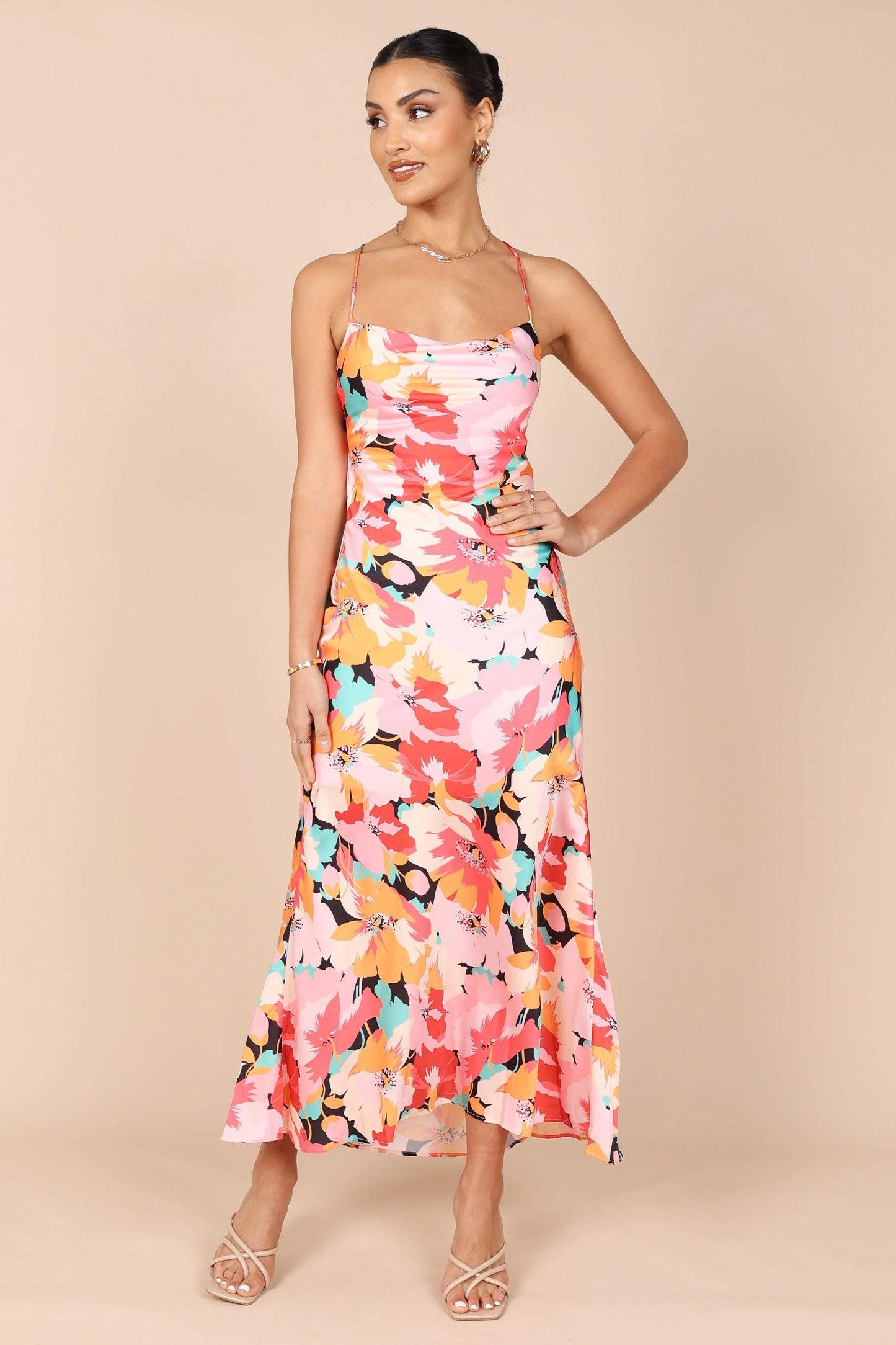 Satin Cowl-Neck Slip Midi Dress
