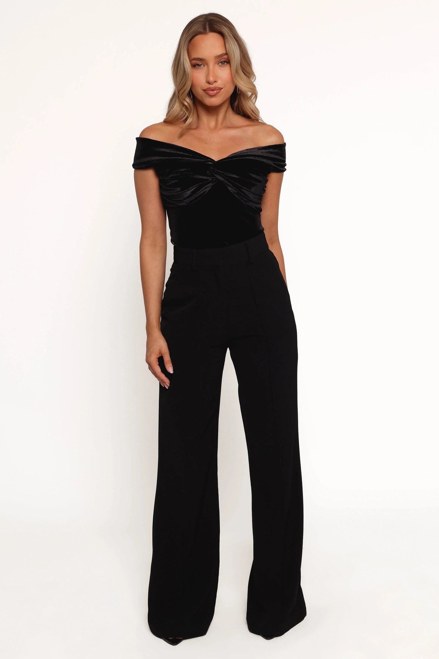 Twist-Front Velvet Off-Shoulder Crop