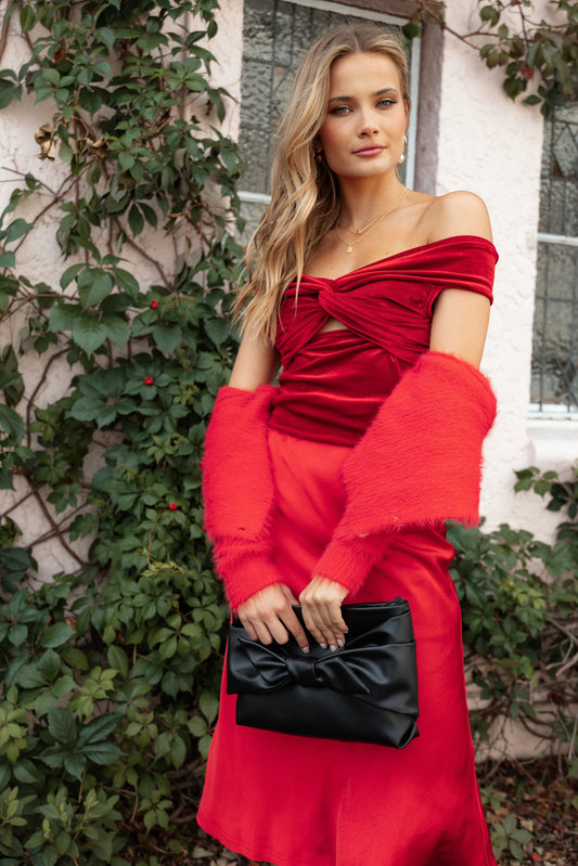 Twist-Front Velvet Off-Shoulder Crop