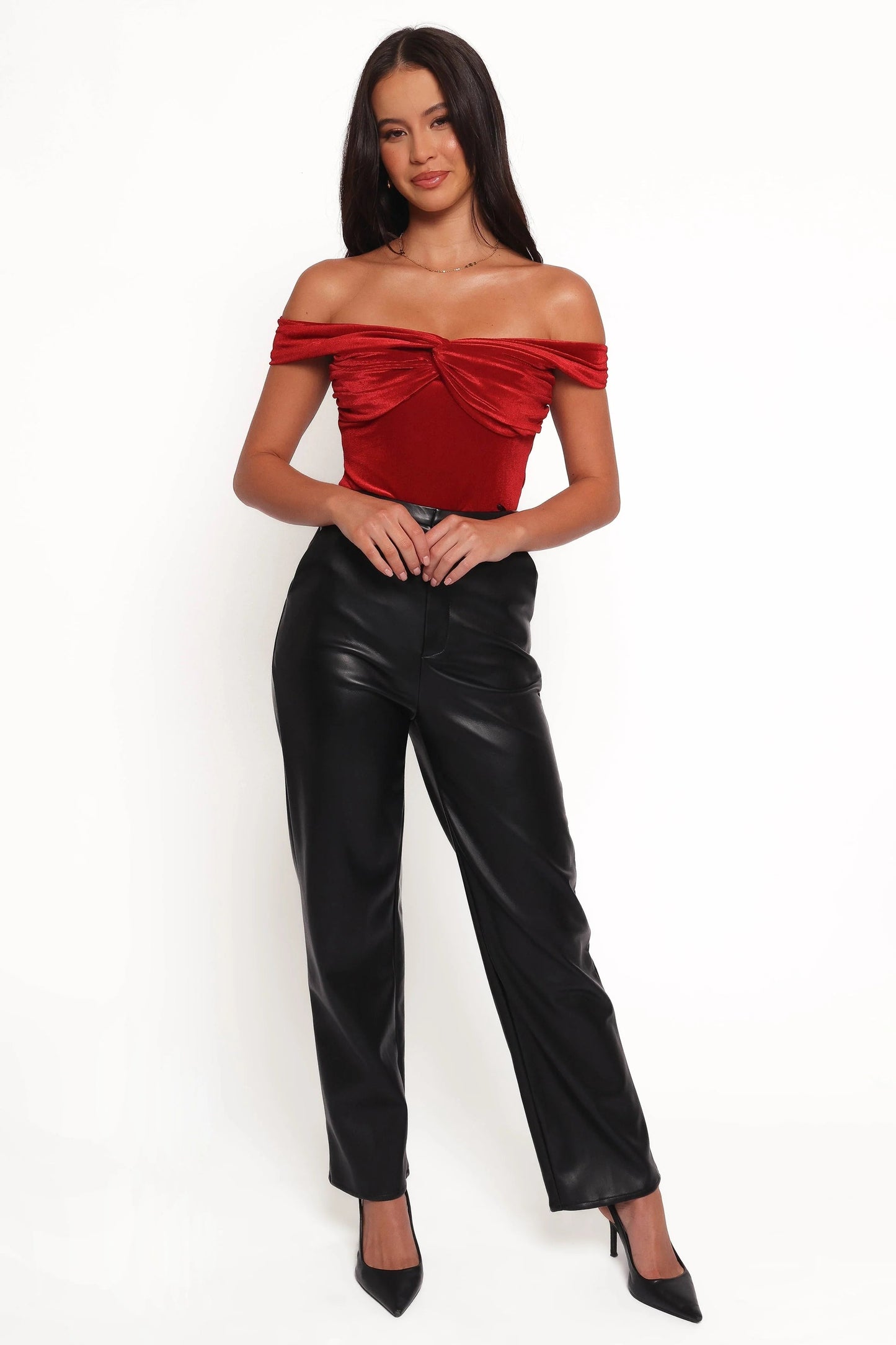 Twist-Front Velvet Off-Shoulder Crop