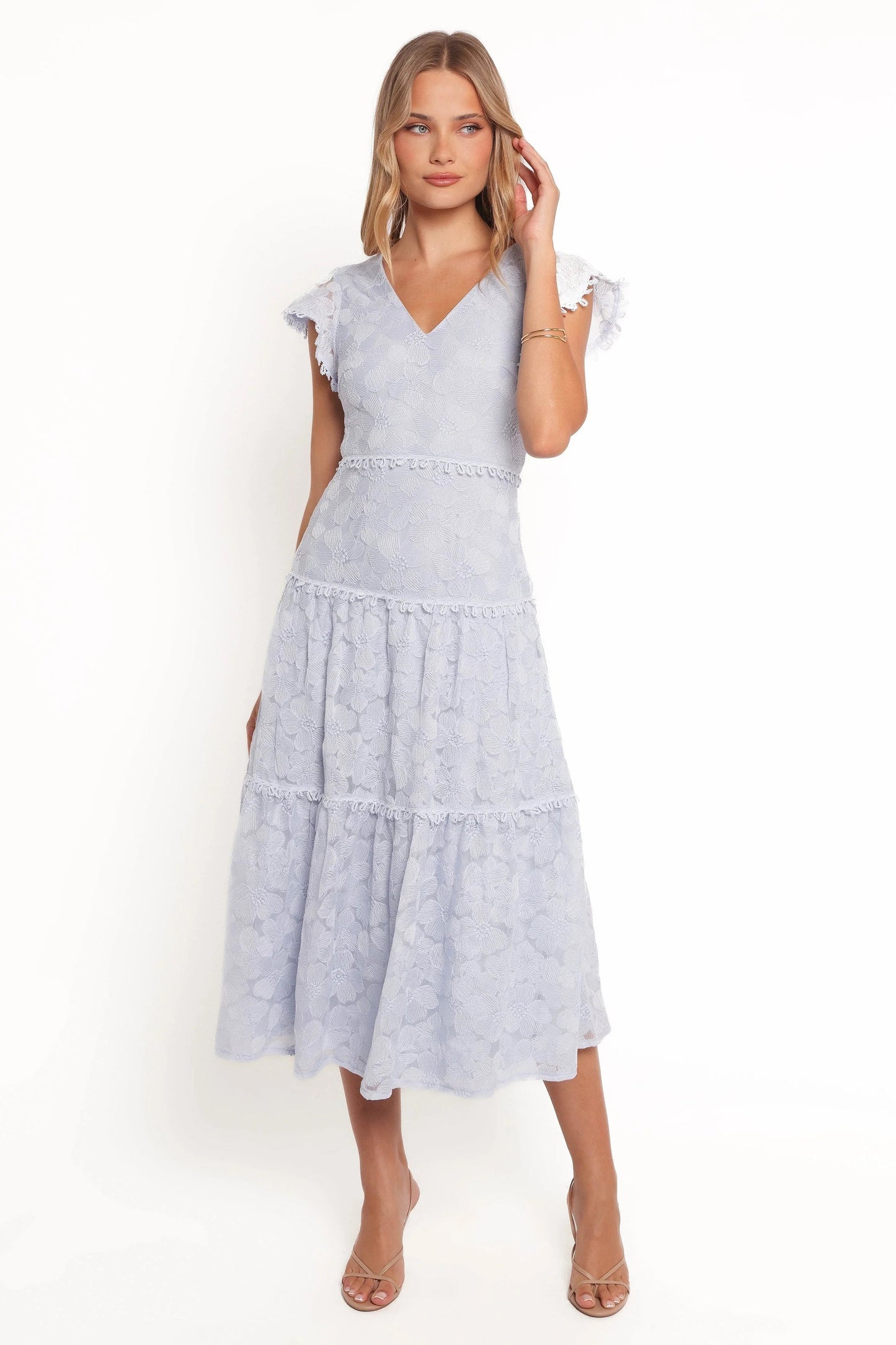 V-Neck Lace Overlay Midi Dress