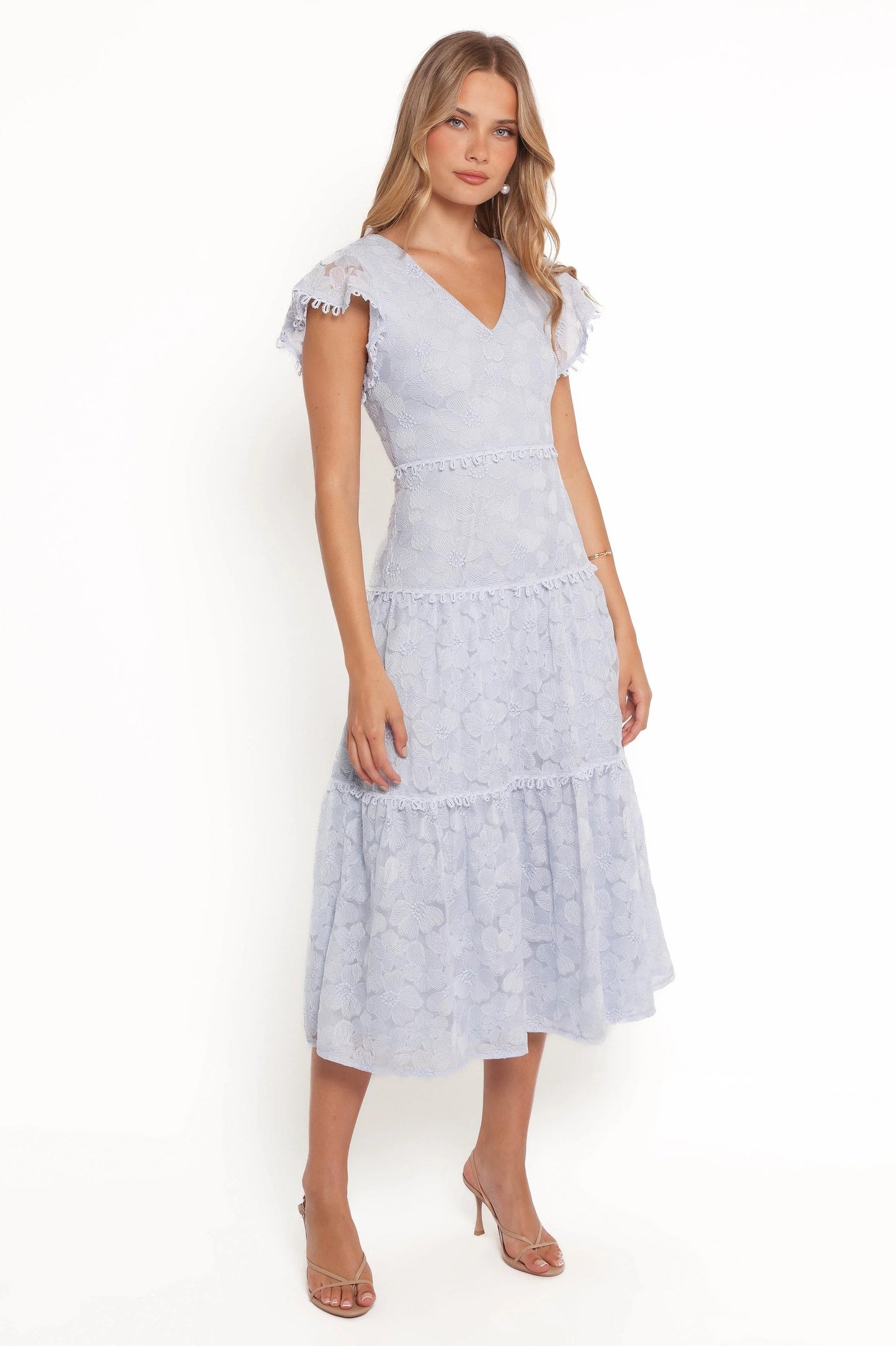 V-Neck Lace Overlay Midi Dress