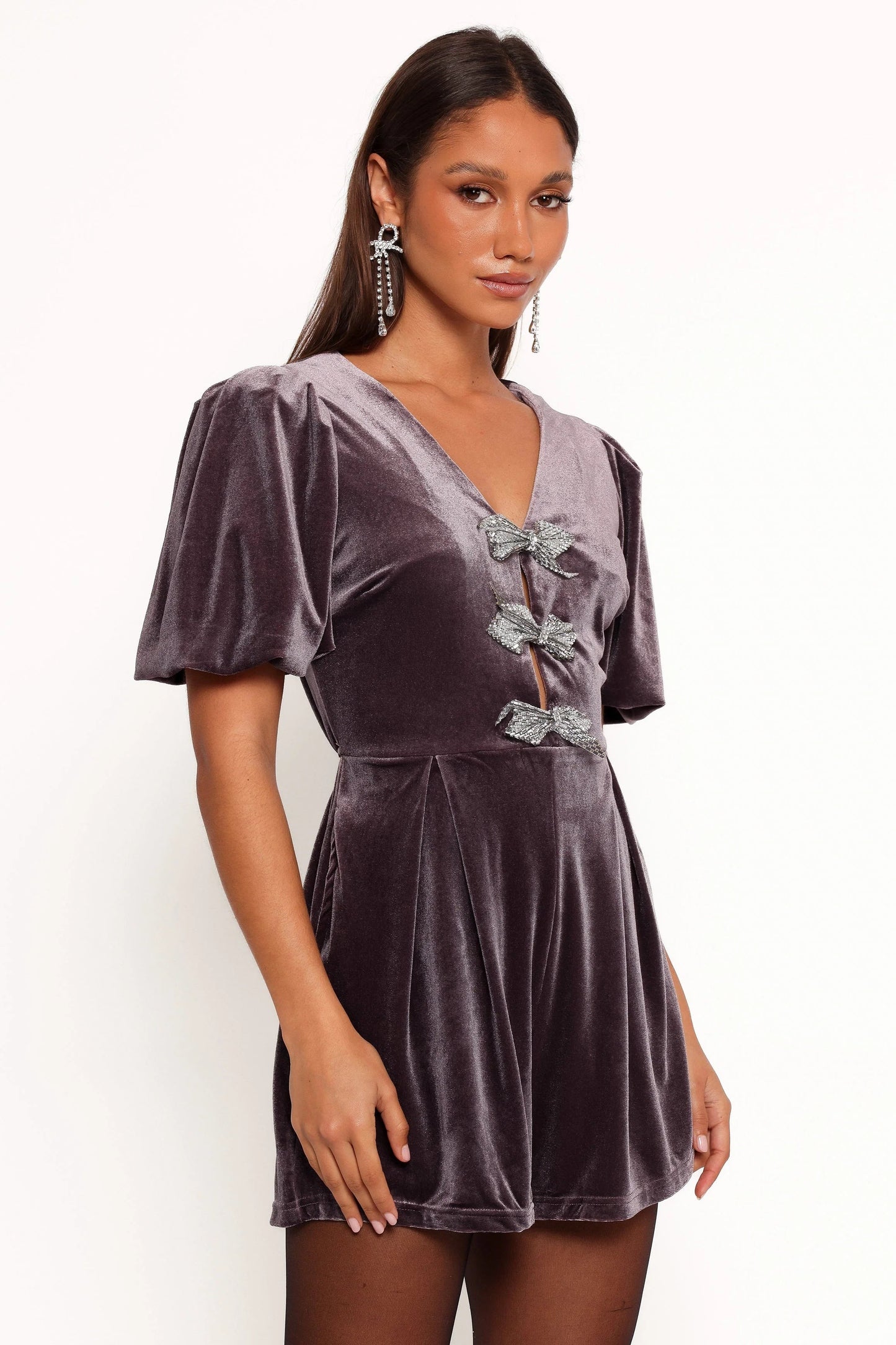 Velvet Bow-Accent Puff-Sleeve Romper
