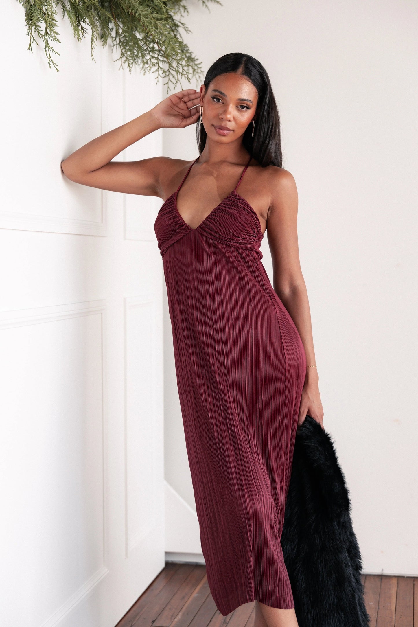 Wine Pleated Plissé Pull-On Maxi Dress