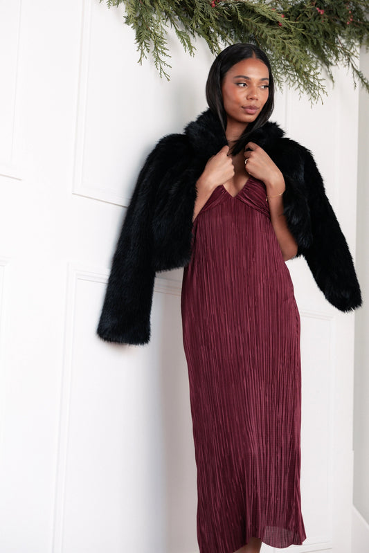 Wine Pleated Plissé Pull-On Maxi Dress