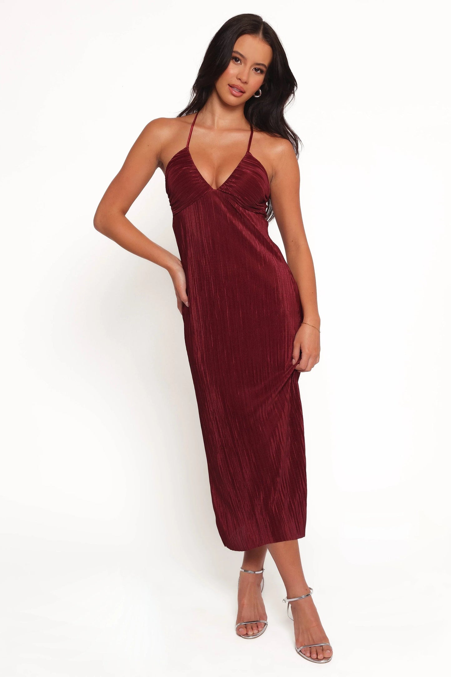 Wine Pleated Plissé Pull-On Maxi Dress