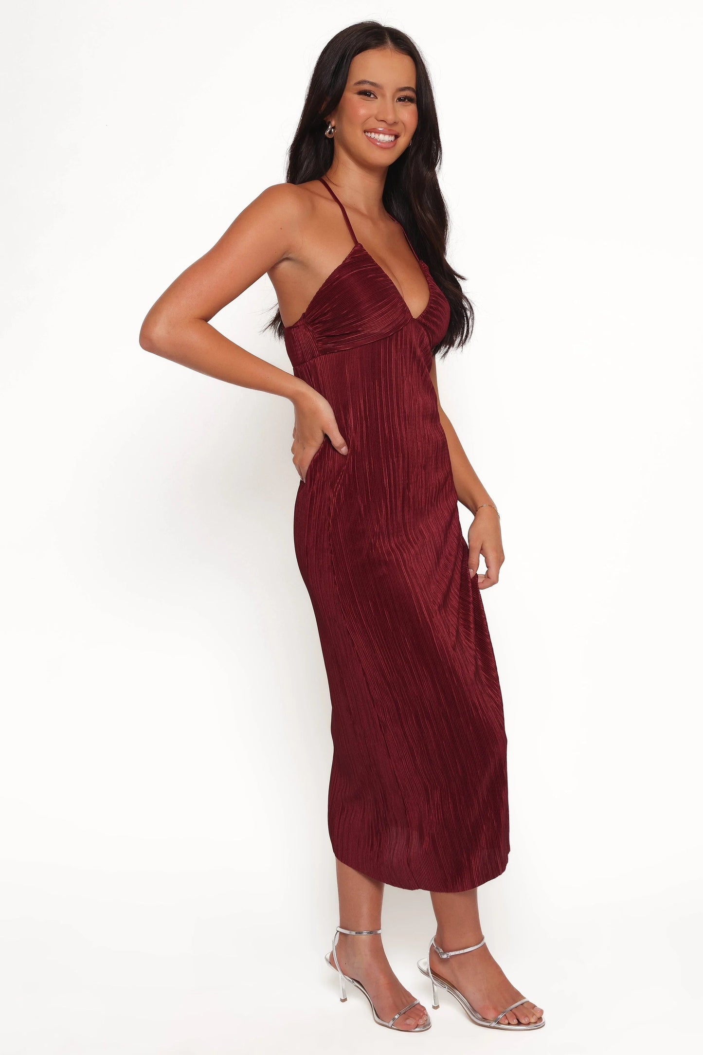 Wine Pleated Plissé Pull-On Maxi Dress
